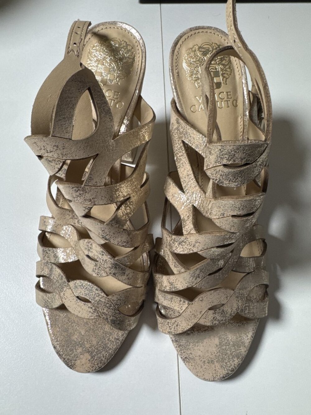 Vince Camuto Strappy Glitter/Metallic Cutout Heeled Sandals, Beige/Gold